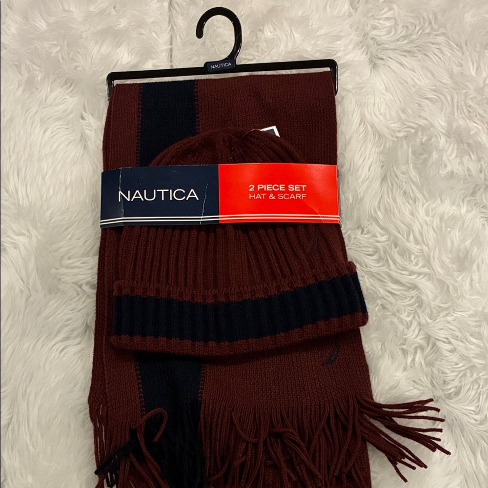 Nautica Men's Maroon and Navy Hat & Scarf Set NWT